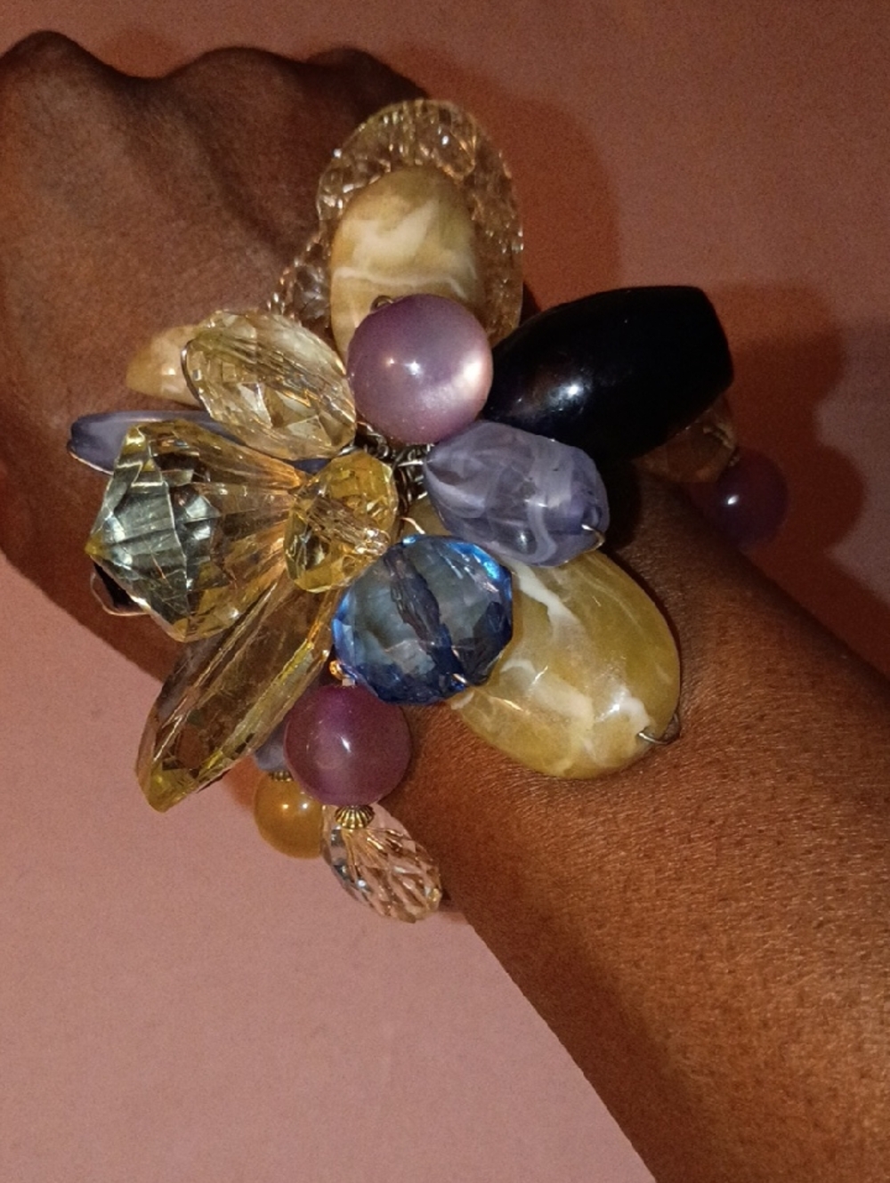 Source Unknown Yellow, Purple, Blue and Black Beaded Cluster Bracelet